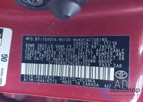 2017 Toyota Corolla Le z USA, uszkodzony, nr VIN 2T1BURHE2HC807204